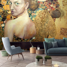 Eine Fototapete mit einem Gemälde mit einer abstrakten Dame, ideal für das Wohnzimmer.