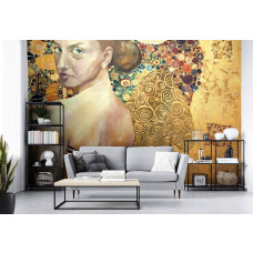 Eine Fototapete mit einem abstrakten Kunstwerk einer Dame in Farbe, perfekt für das Wohnzimmer.