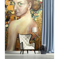 Eine Fototapete mit einem abstrakten Gemälde einer Dame, perfekt für das Wohnzimmer.