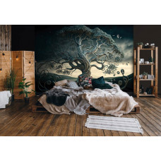 Eine Fototapete mit einem Metallbaum im abstrakten Kunststil, besonders für ein Schlafzimmer.