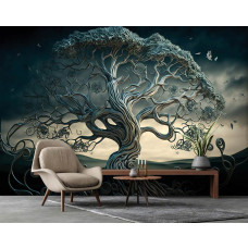 Eine Fototapete mit abstrakter Kunst eines Baumes aus Metall, perfekt für ein Wohnzimmer.