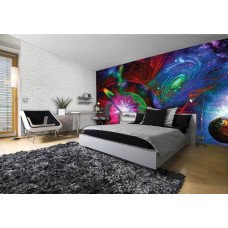 Eine Fototapete mit einem farbenfrohen Universum mit abstrakten Details, ideal für ein Kinderzimmer.