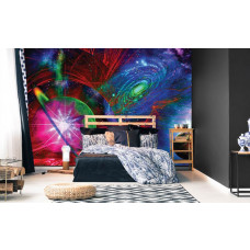 Eine Fototapete mit Planeten und Sternen in einer abstrakten und künstlerischen Weltraumumgebung, besonders für ein Schlafzimmer.