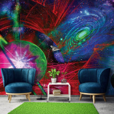 Eine Fototapete mit einem abstrakten Universum mit einer künstlerischen Darstellung von Planeten und Sternen, perfekt für ein Wohnzimmer.