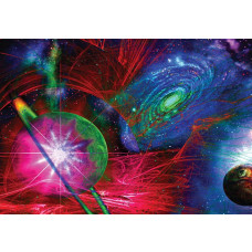 Bunte abstrakte Darstellung des Universums mit Planeten und Sternen auf dieser Fototapete, voller lebendiger Farbtöne.