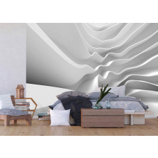 Fototapete mit abstrakter Architektur in weiß in einem stilvollen Schlafzimmer.