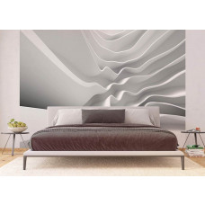 Fototapete mit abstrakter Architektur in weiß in einem modernen Schlafzimmer.