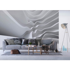 Fototapete mit abstrakter Architektur in weiß in einem stilvollen Wohnzimmer.