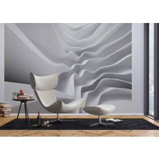 Ein modernes Wohnzimmer mit einer Fototapete mit abstrakter Architektur in weiß.