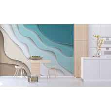 Eine abstrakte Fototapete mit Wellen in Grautönen, die einer Küche ein schlichtes und modernes Gefühl verleiht.