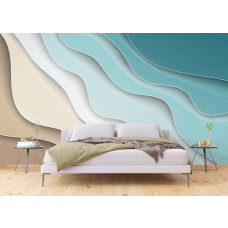 Eine abstrakte Fototapete mit fließenden Wellen in verschiedenen Grautönen, ideal für eine ruhige Atmosphäre in einem Schlafzimmer.