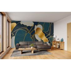 Fototapete mit abstrakten Linienblättern und goldenen Akzenten im Wohnzimmer.