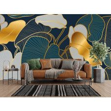 Fototapete mit grafischem Blattmotiv in Gold auf dunkler Basis im Wohnzimmer.