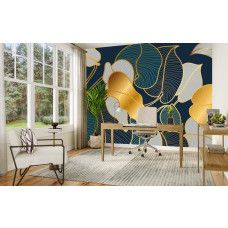 Fototapete mit abstrakten goldenen Blättern und grafischer Linienstruktur im Büro.