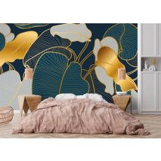Fototapete mit goldfarbenem Linienblattmotiv und ruhiger Ausstrahlung im Schlafzimmer.