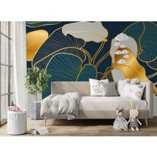 Fototapete mit stilvoller Blattillustration in Gold auf dunklem Hintergrund im Wohnzimmer.