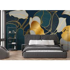 Fototapete mit abstrakten goldenen Blättern und feiner Linienstruktur im Schlafzimmer.