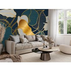 Fototapete mit abstrakten goldenen Blättern und feiner Linienstruktur im Wohnzimmer.