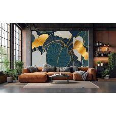 Fototapete mit feinen goldenen Linien und modernem Blattdesign im Wohnzimmer.