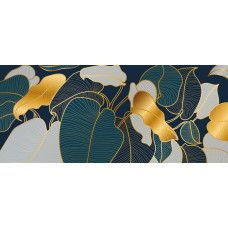 Fototapete abstrakte goldene Blätter mit feiner Linienstruktur auf dunklem Hintergrund.