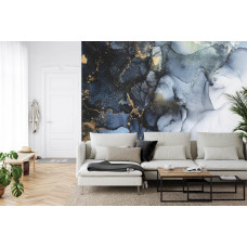 Eine Fototapete mit einer abstrakten Marmorwand mit luxuriöser Ausstrahlung in einem Wohnzimmer.