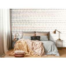 Eine Fototapete eines abstrakten Gemäldes mit Pastellfarben in Kunst im Schlafzimmer.