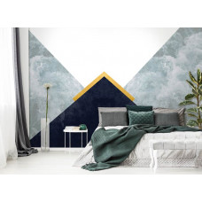 Eine abstrakte Fototapete mit Glamour-Dreiecken, Wolken und Kunst-Stil auf dem Display im Schlafzimmer.