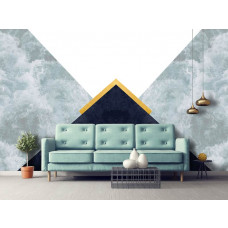 Eine abstrakte Fototapete mit Glamour-Dreiecken, Wolken und Kunst-Stil auf dem Display im Wohnzimmer.