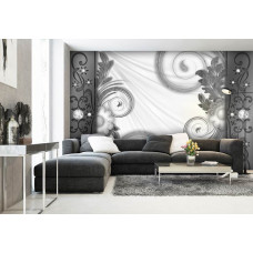 Eine Fototapete mit bunten abstrakten Formen und Blumen in einer modernen Umgebung.