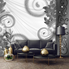 Eine Fototapete mit abstrakten Formen und Blumen in einem künstlerischen Stil, geeignet für das Wohnzimmer.