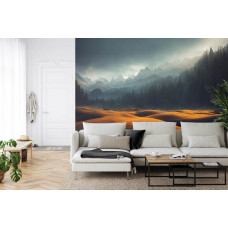 Eine Fototapete mit einer künstlerischen Berglandschaft und Wald in einem Wohnzimmer und Wohnzimmer.