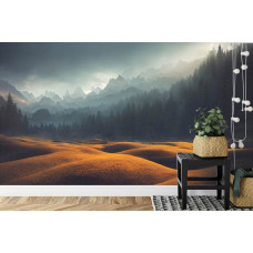 Eine Fototapete mit einer atemberaubenden Berglandschaft in einem Wohnzimmer.