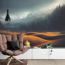 Eine Fototapete mit einer atemberaubenden Naturszene mit Bergen in einem Wohnzimmer.