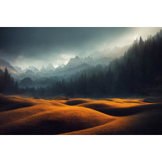 Fototapete mit einer atemberaubenden Berglandschaft, mit künstlerischen Details eines Waldes und der umliegenden Berge.