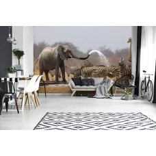 Eine Fototapete mit afrikanischen Wildtieren, einschließlich Elefanten und Zebras, in einer natürlichen Umgebung.