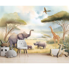 Fotobehang Afrikaanse savanne dieren in een vrolijke kinderkamer met olifant en giraf.