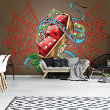 Fototapete mit Würfeln und Alchemie-Symbolen im Wohnzimmer.