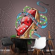 Eine Fototapete mit silbernen Würfeln und Graffiti im alchemistischen Stil für das Büro.