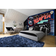 Fototapete mit einem Rock'n'Roll-Taxi mit Totenkopf und Sensenmann für das Kinderzimmer.