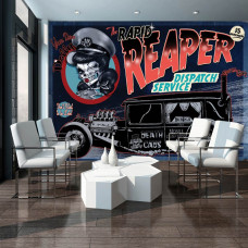 Fototapete mit einem Taxi im Rock'n'Roll-Stil mit Totenkopf und Sensenmann-Motiv.