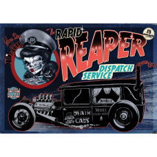 Fototapete mit einem Vintage-Taxi mit Totenköpfen, Rock'n'Roll-Thema für ein cooles und ausgefallenes Zimmer.