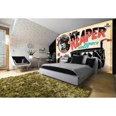 Fototapete eines Vintage-Taxis mit Totenkopf und Sensenmann für das Kinderzimmer.