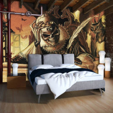 Eine Fototapete mit einem detaillierten Schädel im alchemistischen Stil, ideal für ein Schlafzimmer.