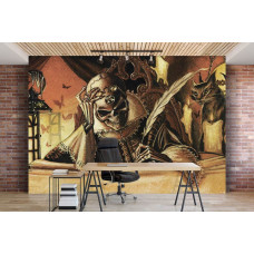 Eine Fototapete mit einem Fantasy-Schädel im alchemistischen Stil, geeignet für ein Büro.