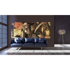 Eine Fototapete mit einem Schädel im Alchemie-Thema, geeignet für ein Wohnzimmer.