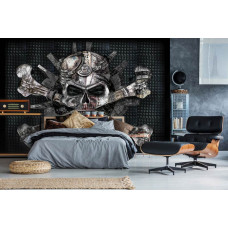 Eine Fototapete mit einem Schädel im Alchemie-Thema für das Schlafzimmer.