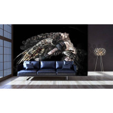 Eine Fototapete einer weiblichen Figur mit Totenkopf im alchemistischen Kunststil für das Wohnzimmer.