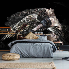 Eine Fototapete mit einem weiblichen Totenkopf-Design im alchemistischen Stil, perfekt für das Schlafzimmer.