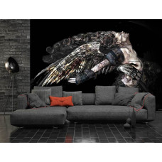 Eine Fototapete mit einer Frau und Totenkopf im Alchemie-Thema, geeignet für ein Wohnzimmer.