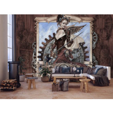 Eine Fototapete mit einem Sepia-Bild von Steam Jenny, geeignet für ein Wohnzimmer.